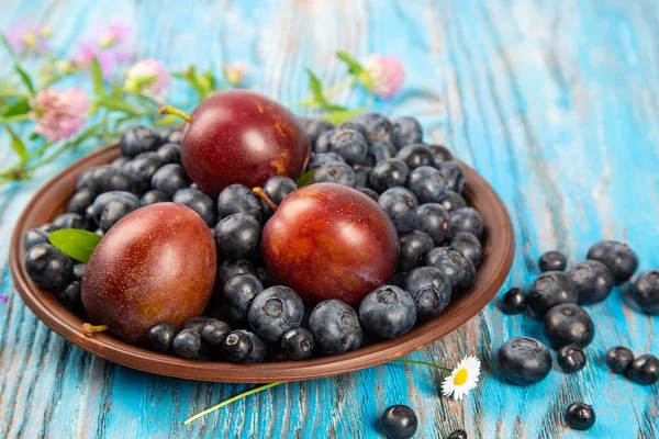 Fresh Blueberries Plums Brown Plate Blue Wooden Background Summer Still — Stock Photo, Image