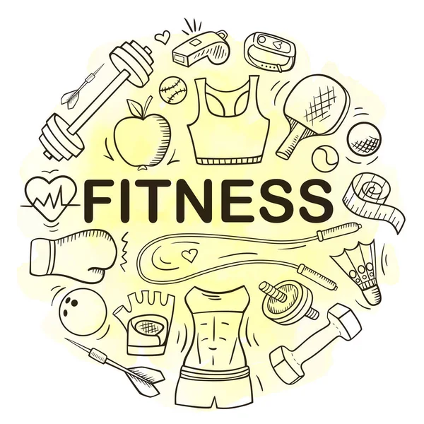 Χειροποίητο Doodle Fitness Και Σπορ Στρογγυλό Πανό Υγιεινός Τρόπος Ζωής — Διανυσματικό Αρχείο