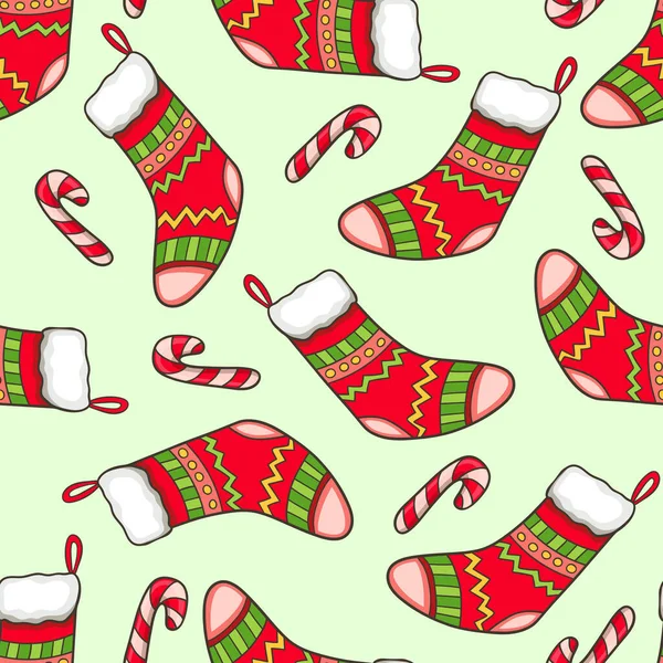 Festive Christmas Seamless Pattern Decorative Sock Christmas Gifts Hand Drawn — Stock Vector