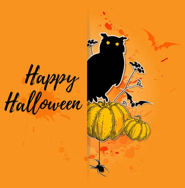 Halloween Bakgrund Med Silhuett Uggla Och Pumpor Glad Halloween Bokstäver — Stock vektor
