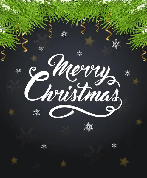 グリーティング碑文と緑のモミの枝とクリスマスの背景 メリークリスマスレタリング — ストックベクタ