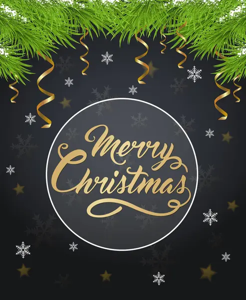 黄金の挨拶碑文と緑のモミの枝とクリスマスの背景 メリークリスマスレタリング — ストックベクタ