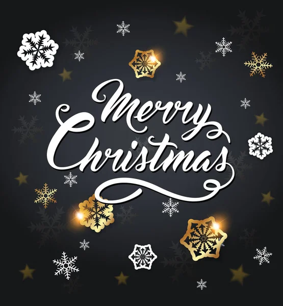 挨拶の碑文と雪の結晶とクリスマスの背景 メリークリスマスレタリング — ストックベクタ