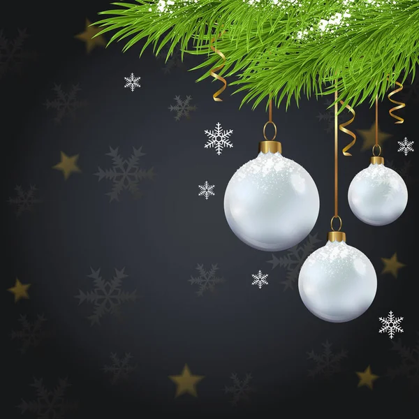 緑のモミの枝と黒の背景に白い装飾が施されたクリスマスカード ベクターイラスト — ストックベクタ