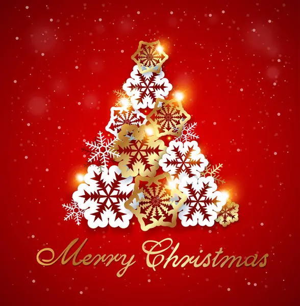 Red Christmas Background Golden White Snowflakes Árbol Navidad Decorativo Copos — Vector de stock