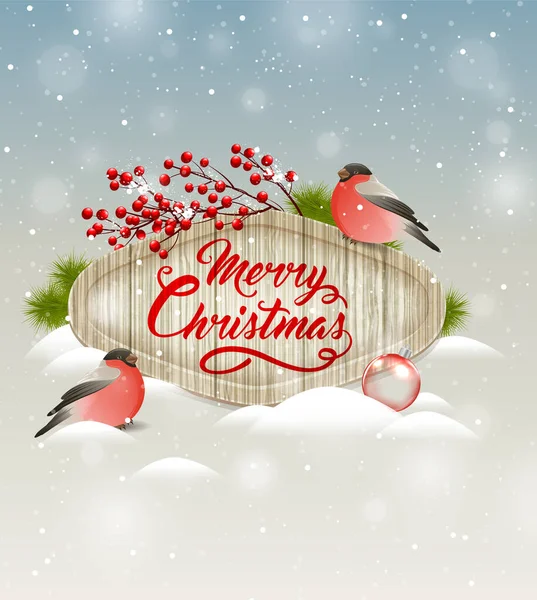 Christmas Vector Background Red Berries Birds Merry Christmas Lettering Design — Stock Vector