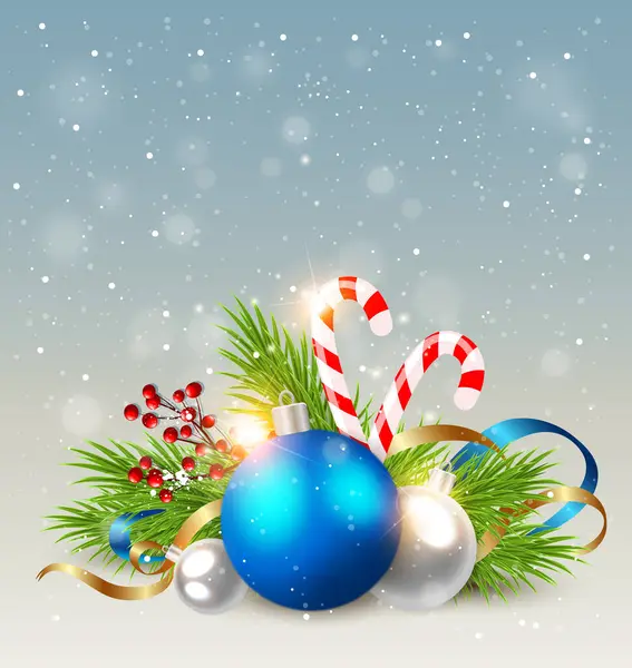Fondo Navidad Con Decoración Azul Bastón Caramelo Rama Abeto Verde — Vector de stock