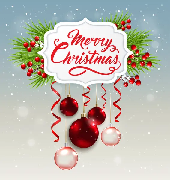 緑の火の枝および赤い装飾が付いている装飾的なクリスマスの旗 メリークリスマスレタリング — ストックベクタ