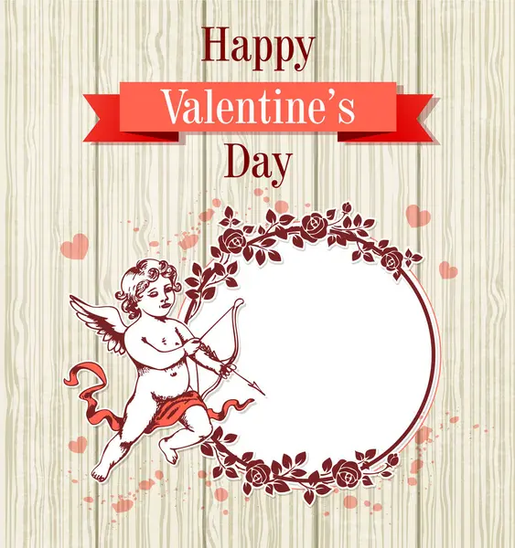 Ročník Ručně Kreslené Valentýnské Karty Amor Kulatý Rám Růží Dřevěném — Stockový vektor