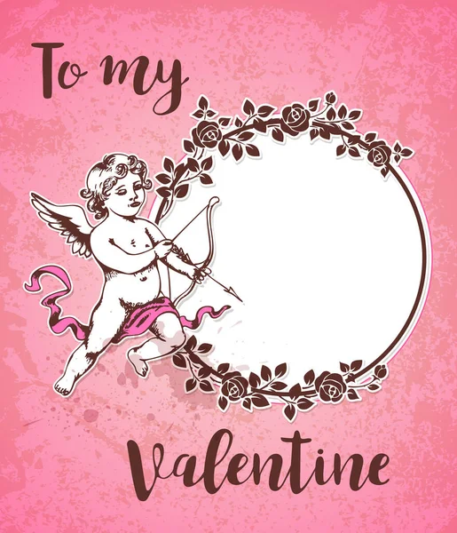 Carta San Valentino Disegnata Mano Vintage Con Cornice Cupida Rotonda — Vettoriale Stock
