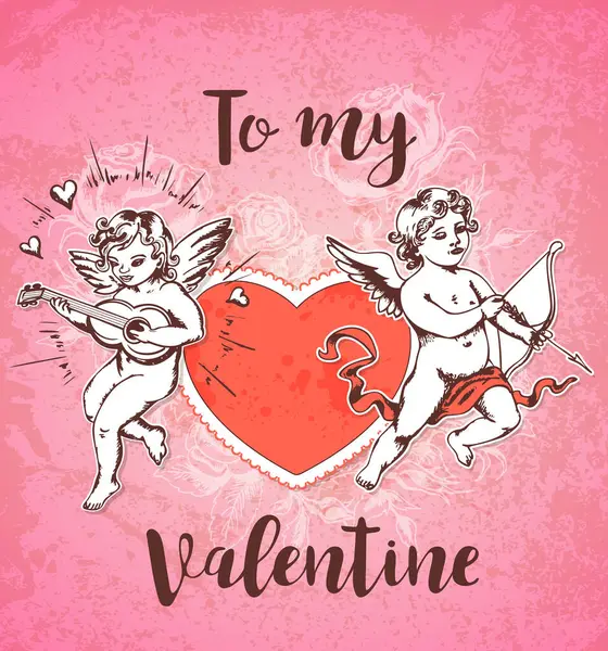 Carta San Valentino Disegnata Mano Vintage Con Due Cupidi Cuore — Vettoriale Stock