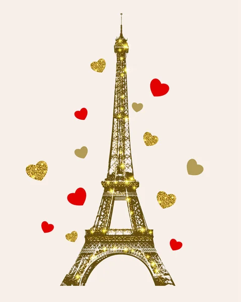 Alla Hjärtans Dag Gratulationskort Med Gyllene Lysande Eiffeltornet Och Hjärtan — Stock vektor