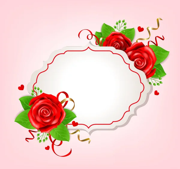 Декоративный Романтический Баннер День Святого Валентина Красными Розами Зелеными Листьями — стоковый вектор