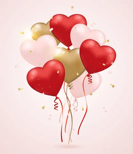 Red Pink Golden Heart Balloons Pink Background Valentine Day Greeting — Stock Vector
