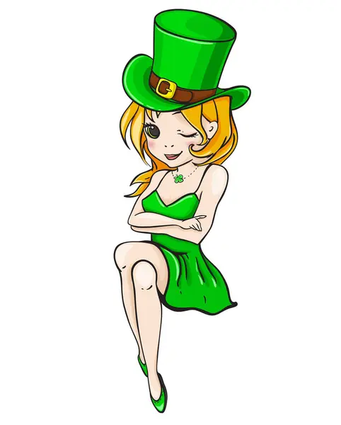 Pretty Girl Green Dress Hat White Background Character Patrick Day — Stock Vector