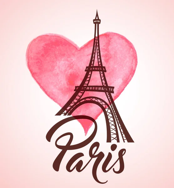 Valentin Napi Üdvözlőlap Eiffel Toronnyal Rózsaszín Akvarell Szívvel — Stock Vector