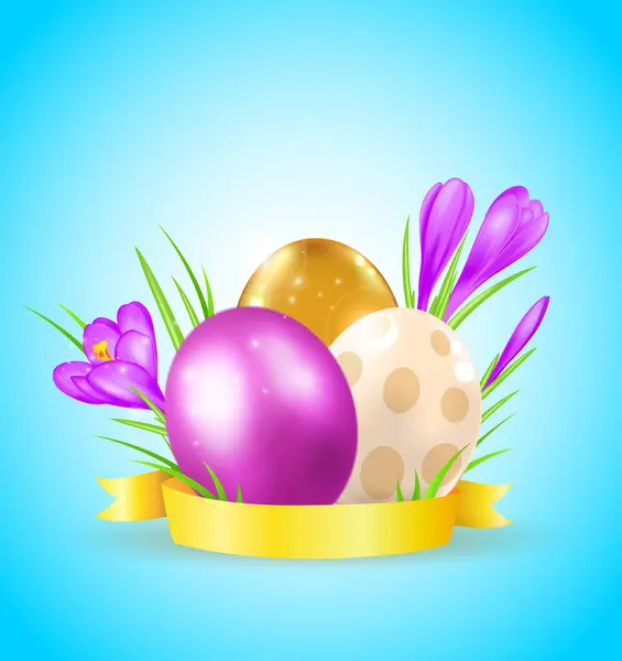 Easter Card Eggs Violet Crocuses Blue Background — Stock Vector