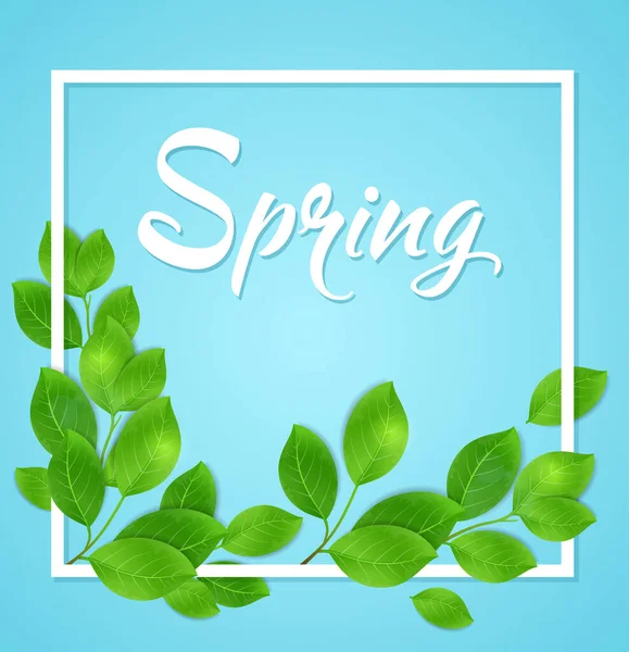 Frühling Blauer Hintergrund Mit Grünen Blättern Weißem Rahmen — Stockvektor
