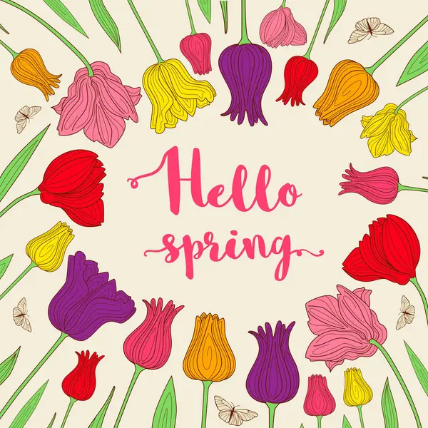 Frühling Dekorativen Hintergrund Mit Blühenden Tulpen Und Schriftzug — Stockvektor