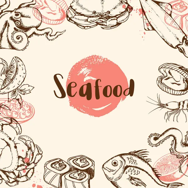 Ročník Mořské Plody Menu Pozadí Chobotnicí Krab Ryby Sushi — Stockový vektor