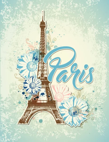 Vintage Reisehintergrund Mit Eiffelturm Und Blumen Vektorillustration — Stockvektor
