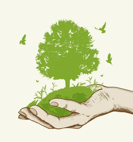 Zöld Madarak Kézben Ökológia — Stock Vector