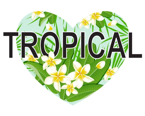 Corazón Verde Hojas Palmeras Tropicales Flores Sobre Fondo Blanco — Vector de stock