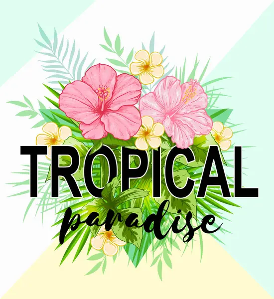 Abstract Tropical Background Green Leaves Pink Flowers Tropical Paradise Lettering — Stock Vector