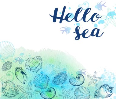 Marine background with hand drawn sea shells and blue watercolor texture. Hello sea lettering. clipart