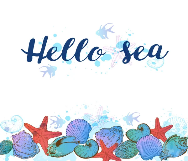 Ručně Kreslené Mořské Mušle Bílém Pozadí Hello Sea Písmo — Stockový vektor