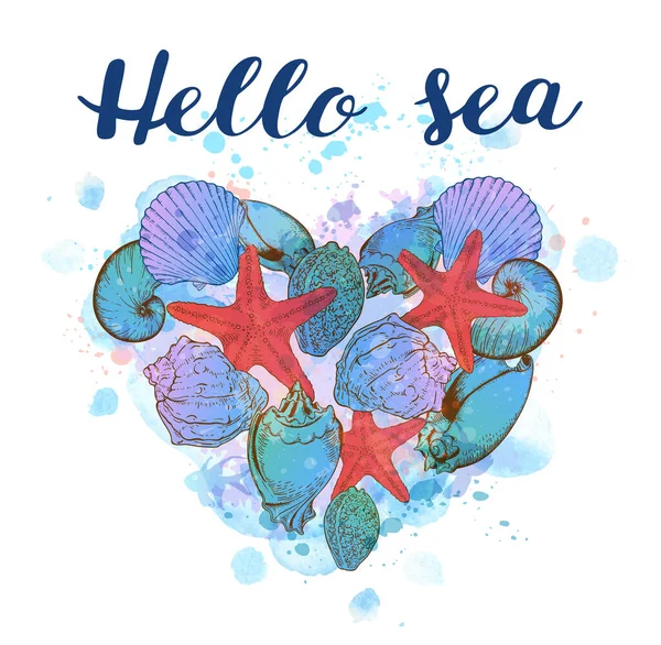 Mořské Pozadí Srdcem Mořských Mušlí Modrou Akvarelovou Texturou Hello Sea — Stockový vektor