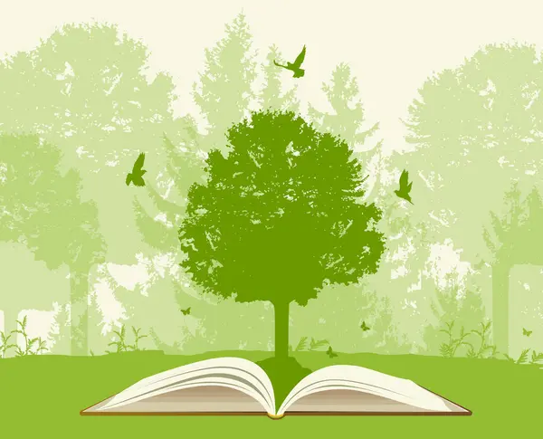 Open Book Green Tree Birds Ecology Concept — Stock Vector