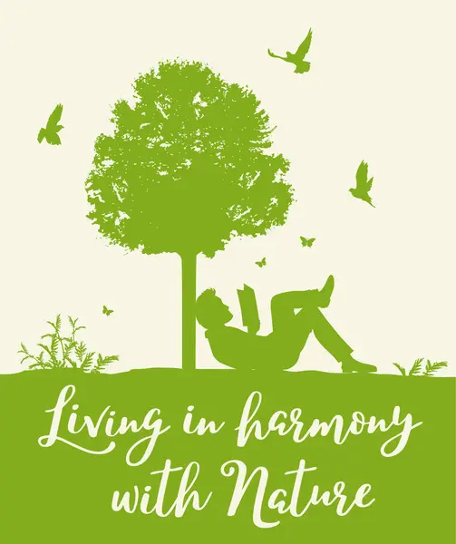 Krajina Zeleným Stromem Ptáky Člověkem Který Čte Knihu Pojetí Života — Stockový vektor