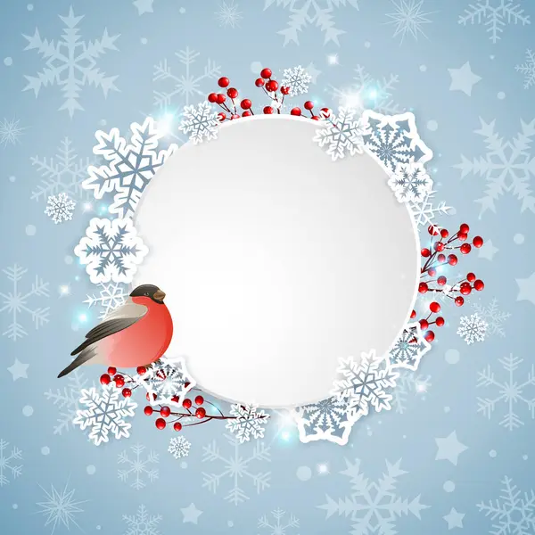 Vector Christmas Banner Bullfinch White Snowflakes — Stock Vector