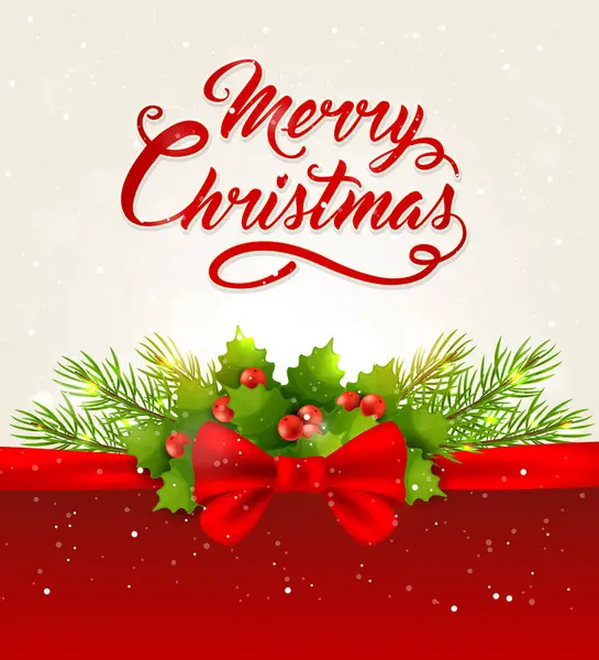 赤い弓 モミの枝とグリーティング碑文ベクトルクリスマスの背景 メリークリスマスレタリング — ストックベクタ