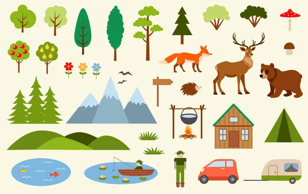 Κατασκηνωτής Χάρτη Σύνολο Διαφόρων Φυτών Βουνών Δασικών Ζώων Και Δέντρων — Διανυσματικό Αρχείο