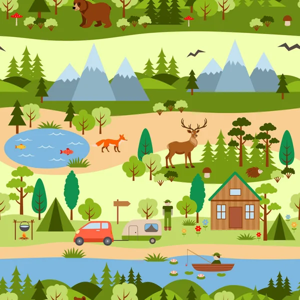 Camping Και Φύση Χάρτη Αδιάλειπτη Μοτίβο Τοπίο Βουνά Φυτά Ζώα — Διανυσματικό Αρχείο