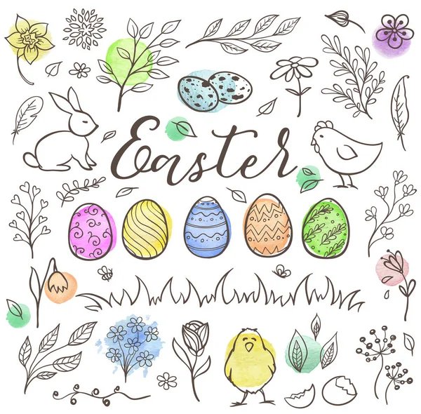 Set Decorative Hand Drawn Easter Doodle Elements Design Vector Kit — Stock Vector