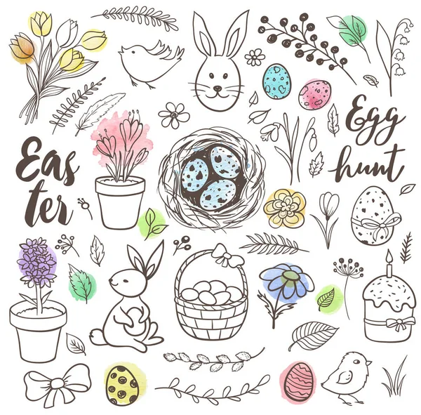Set Decorative Hand Drawn Easter Doodle Elements Design Vector Kit — Stock Vector