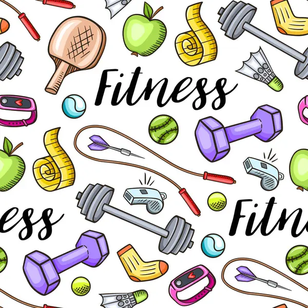 Ręcznie Rysowane Doodle Fitness Sport Bezszwowy Wzór Koncepcja Zdrowego Stylu — Wektor stockowy
