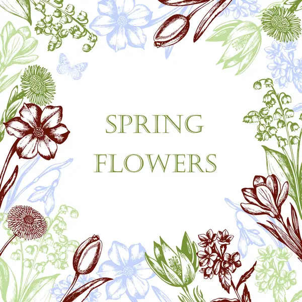 Vintage Blumenrahmen Mit Frühlingsblumen Handgezeichnete Vektorillustration — Stockvektor