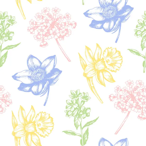 Vintage Seamless Pattern Spring Flowers Hand Drawn Vector Illustration — Stock Vector