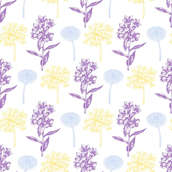 Vintage Seamless Pattern Spring Flowers Primrose Hand Drawn Vector Illustration — Stock Vector
