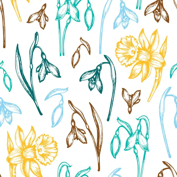 Vintage Seamless Pattern Spring Flowers Snowdrops Daffodil Hand Drawn Vector Royalty Free Stock Vectors