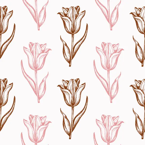 Vintage Seamless Pattern Spring Flowers Tulips Hand Drawn Vector Illustration Stock Vector