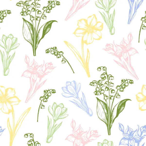 Vintage Seamless Pattern Spring Flowers Lily Valley Crocus Daffodil Hand Vector Graphics