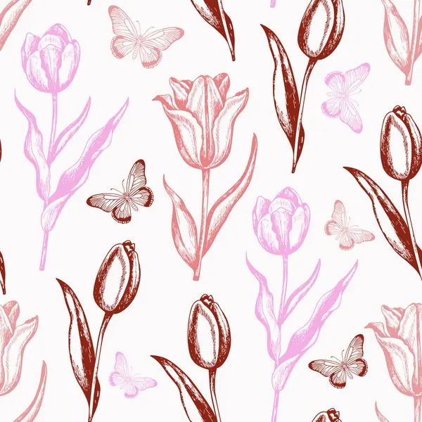 Vintage Seamless Pattern Spring Flowers Tulips Butterflies Hand Drawn Vector Stock Vector