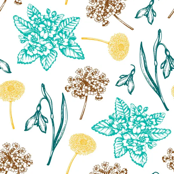 Vintage Seamless Pattern Spring Flowers Snowdrops Primroses Hand Drawn Vector Vector Graphics