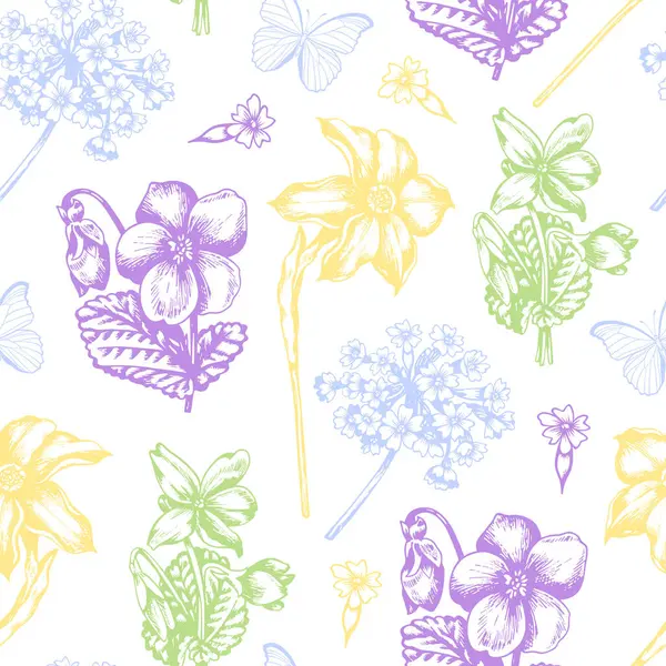 带有春花 紫罗兰和水仙花的老式无缝图案 手绘矢量图解 免版税图库插图