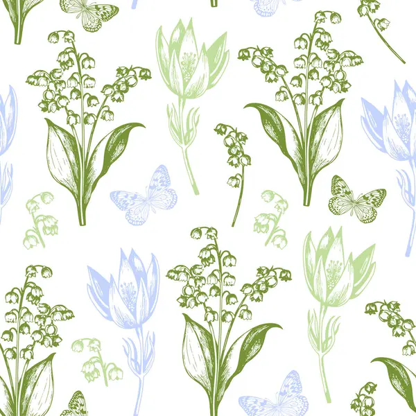 Vintage Seamless Pattern Spring Flowers Lily Valley Crocus Daffodil Hand Stock Illustration